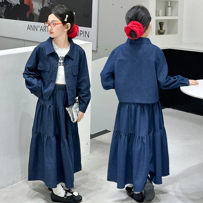 

Baby Girl Autumn Denim Dress Set Turn Down Collar Coat+Elastic Waist Skirt 4-14Y Girl Set Long Sleeve Kid Girl Two-piece Set