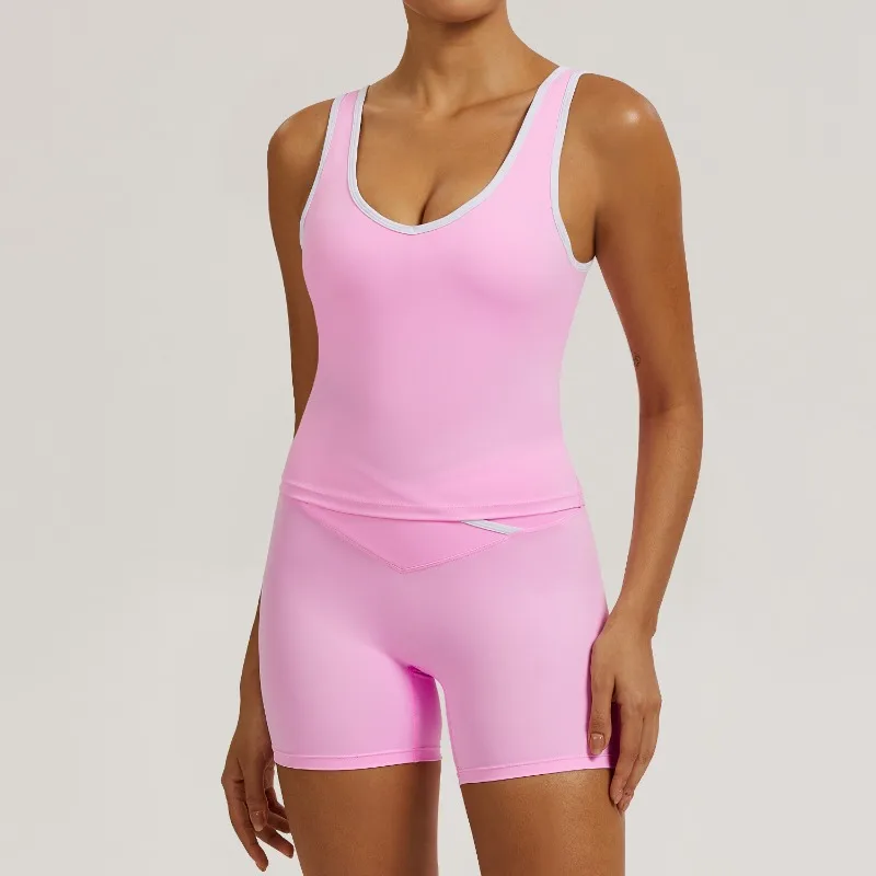 

Seamless Yoga Set for Women 2 Piece Nude Feel Butt-Lifting Shorts Contrast Color Sports Vest Quick-Dry Gym Running Outfit