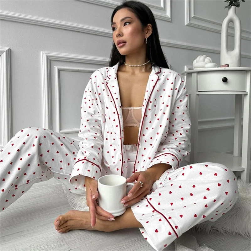 Conjunto pijama pantalón y camisa con botones manga larga 2 piezas con estampado corazón lindo para mujer