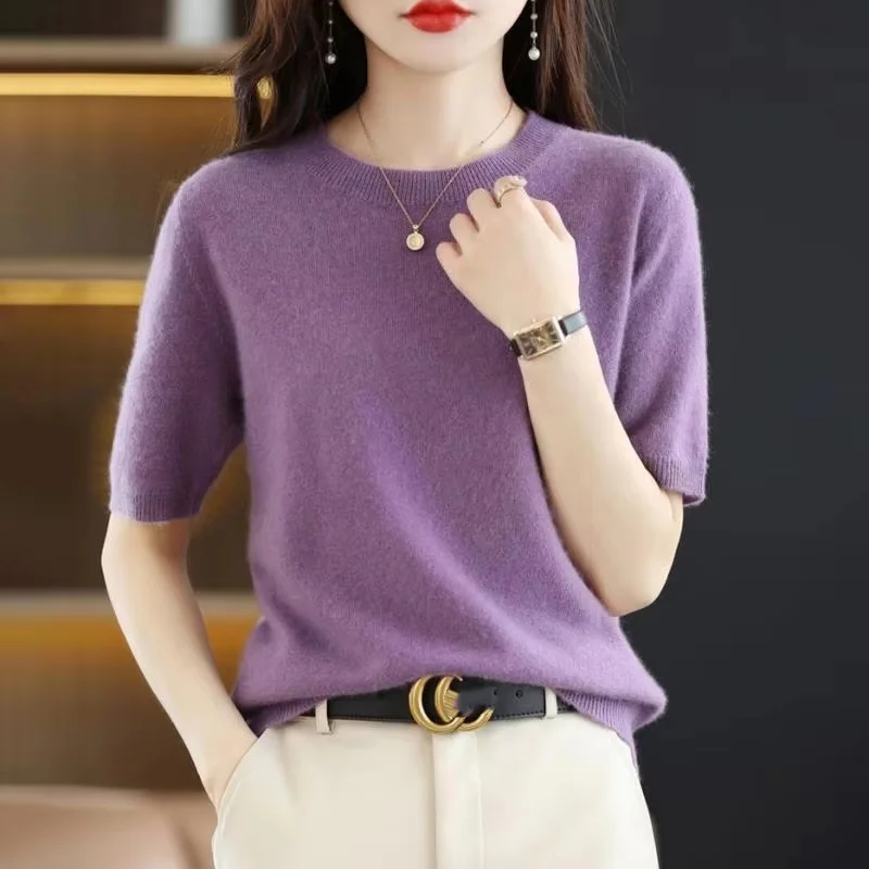 

Модный женский вязаный пуловер с круглым вырезом, топ со средними рукавами, однотонный вязаный свитер для похудения, удобные мягкие топы