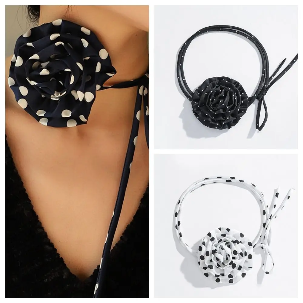 Exaggerated Big Rose Clavicle Chain Adjustable Romantic Polka-dot Rose Choker Temperament Y2K Bow Necklace Girl