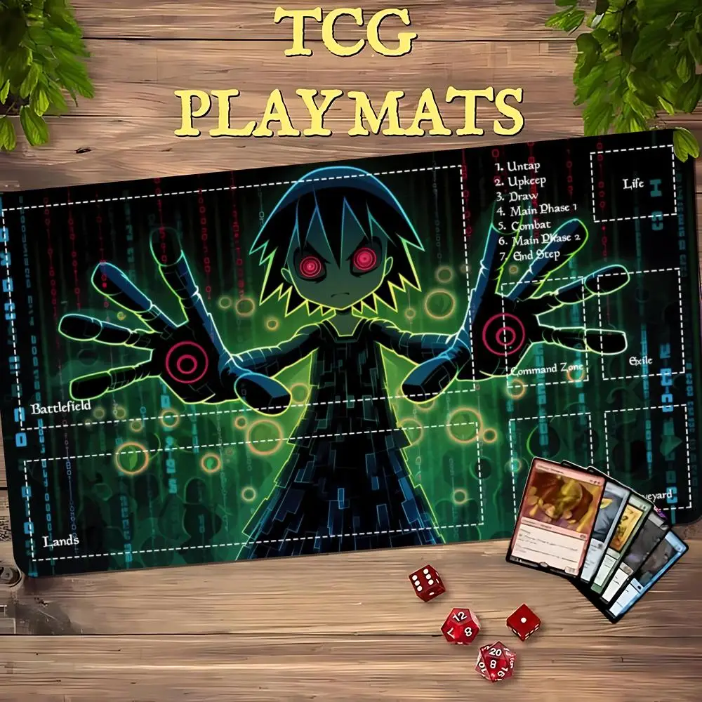 Cyber Digital Anime Girl TCG Playmat 35X60CM Magic Card Battle Mat Non‑Slip Durable Stitched Edge Tabletop Game Playmat