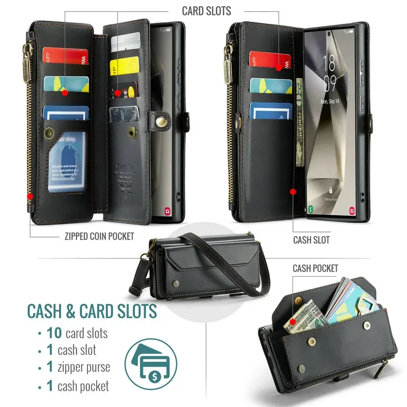 S24 Ultra S23 S22 S21 S20 FE 4G 5G Card Bag Case Zipper Wallet Crossbody for Samsung Galaxy S24 Plus S10 S 24 23 20 Book Funda