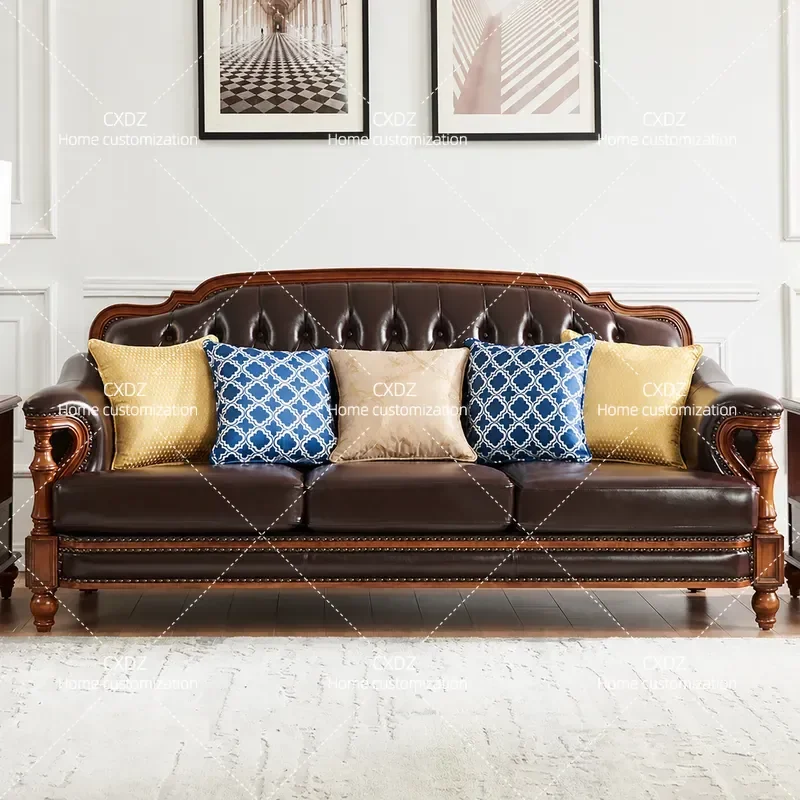 American Solid Wood Leather Sofa Set Modern Simple European Style 3 4 Seater Corner Couch Light Luxury Living Room Furniture
