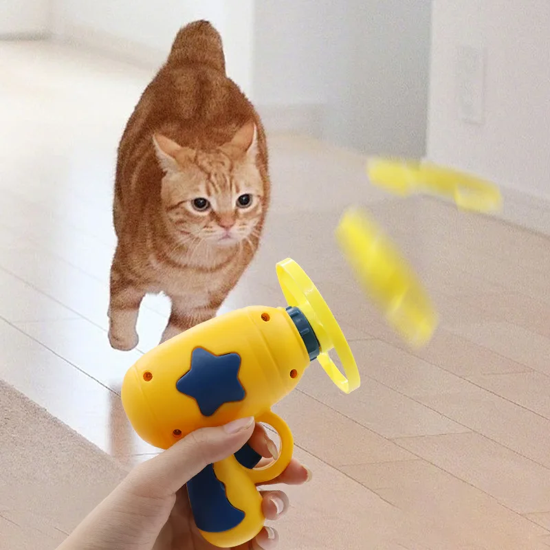 Juguete Divertido para Gatos, Juguete Interactivo de Entrenamiento para Mascotas, Mini Pistola Lanza Discos Voladores para Gatitos, Juegos de Persecución, Juguetes para Gatos, Artículos para Mascotas