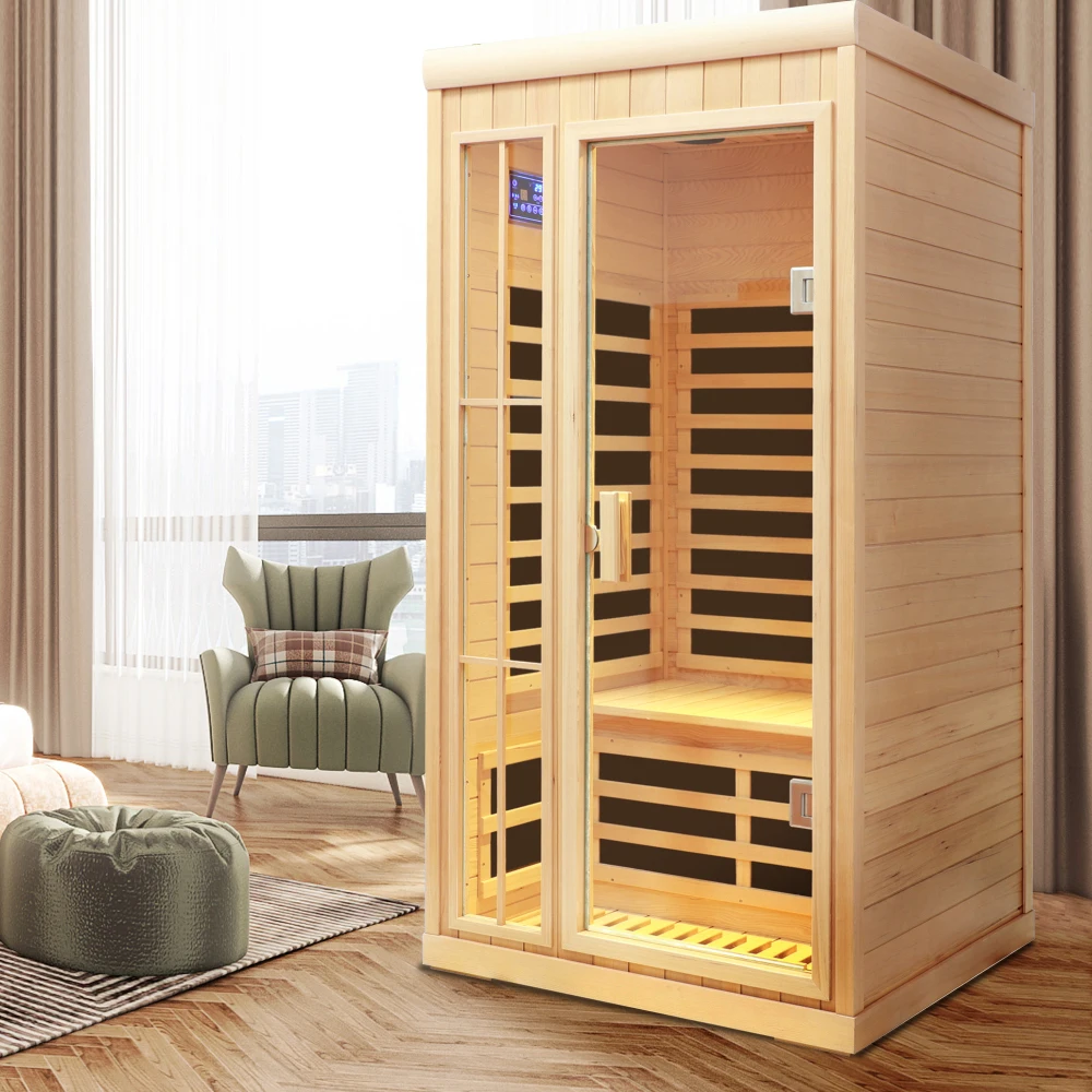 

Deluxe version Plus One person Far infrared Hemlock Sauna room with LED colour lights