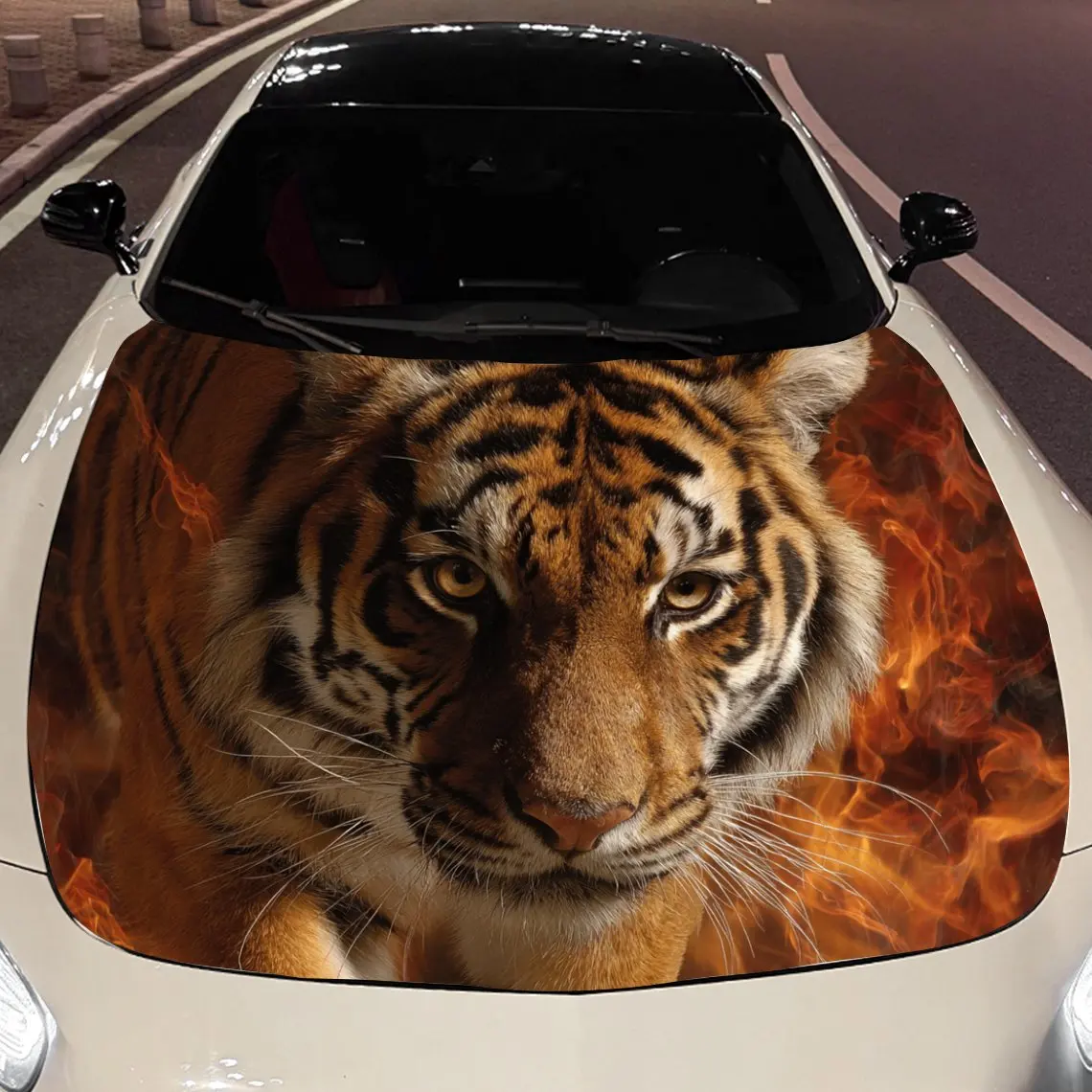 Car Decals Tigers with Bold Stripes, Intense Gaze, and a Fiery Orange - Themed Backdrop Car Hood Sticker, Waterproof Self - Adhe