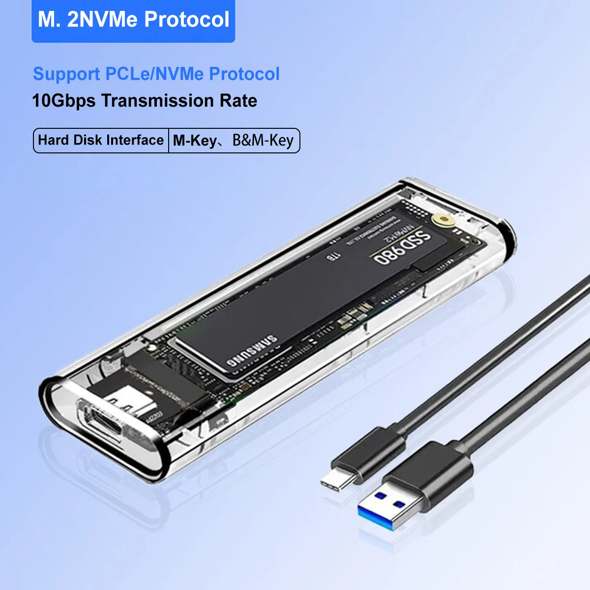 Tool-Free M.2 NVMe SATA SSD Enclosure, 10Gbps USB C M.2 Adapter, Transparent External Solid State Drive Case 2230/2242/2260/2280