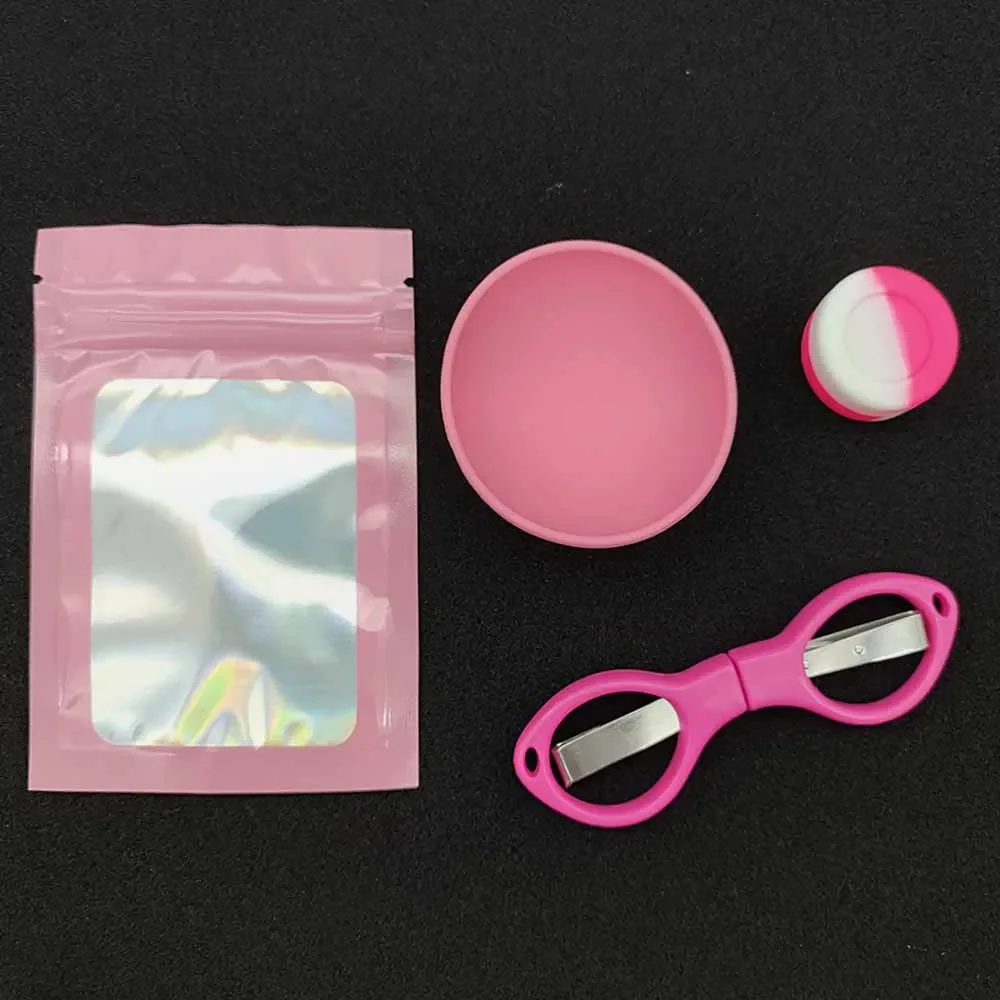 1Set Pink Smoking Kit With Silicone Bowl Folding Scissors Jar Ziplock Bag Women Gift Smoke Accessories Easy To Carry