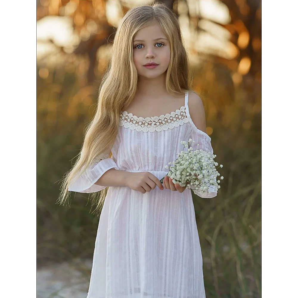 Summer Hollow Out Elegant Party Dress Children Long Evening Sundress Teen Kids Lace Stitching Maxi Dresses Clothes