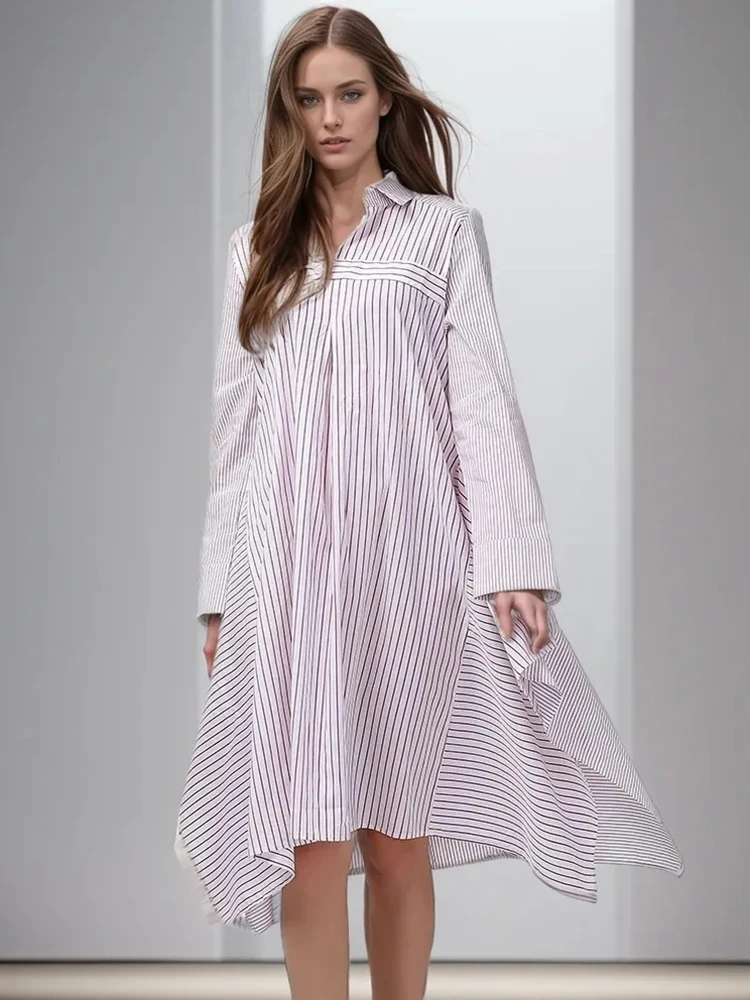 

CHICEVER Striped Casual Dress For Women Lapel Long Sleeve Asymmetrical Hem Patchwork Letter Midi Dresses Female Spring Clothes