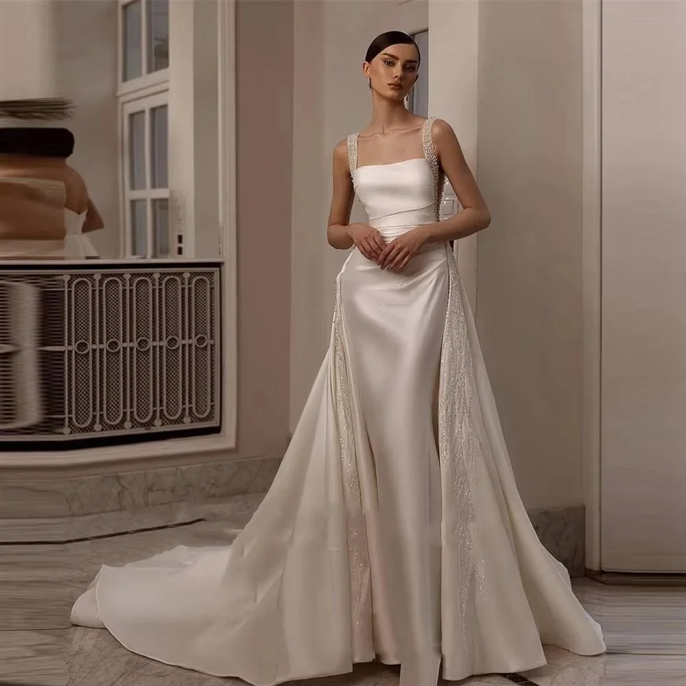 

Customized Charming Square Neck Ruched Wedding Dress Exquisite Beading Ruffles Bridal Gown Strap Wedding Gown Vestidos De Novia