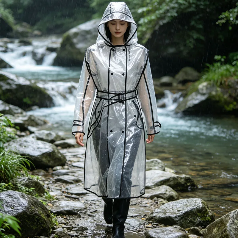 Outdoor Waterproof EVA Raincoat Onepiece Belted Trench Style for Women Adult Lightweight Portable Transparent Durable