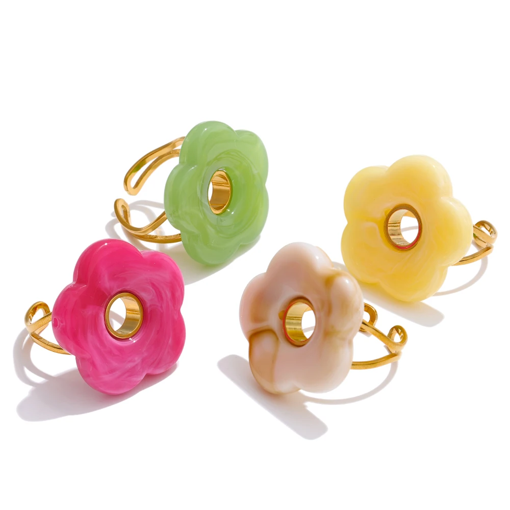 Yhpup – bague réglable en résine épaisse, rose, vert, jaune, gris, fleur, plaqué or 18 carats, acier inoxydable, arrivées Y2K, bijoux populaires 3