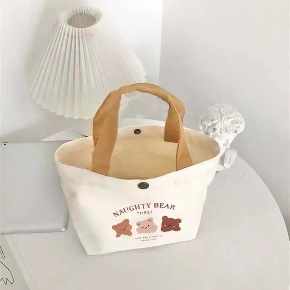 Cute Bear Canvas Women Tote Food Bag Japanese Peach Lunch Bag Korean Mini Handbags Lunch Box Cloth Picnic Travel Storage Bags