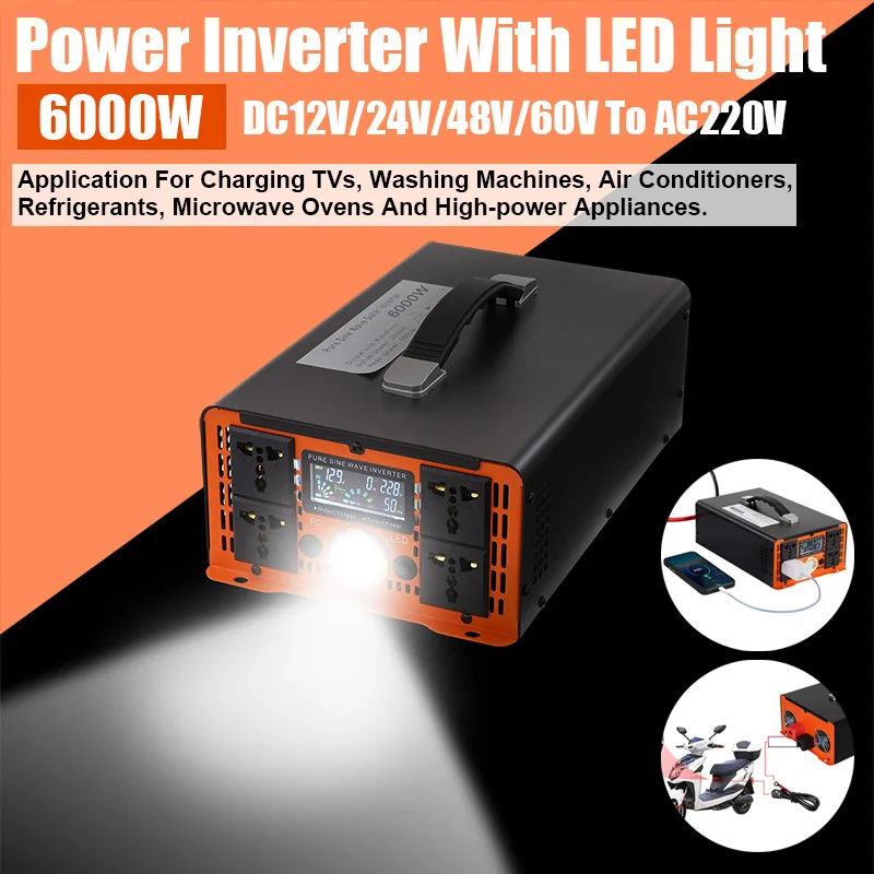 6000W Power Inverter With LED Light 12/24V/48V/60V To 220V LCD Display High Power Solar Inverter Voltage Converter Car Inverter