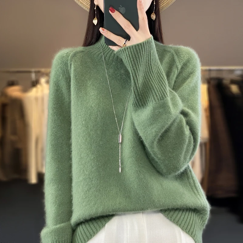 Sweater leher setengah tinggi, sweater Dalaman lembut dan longgar dengan wol di musim gugur dan musim dingin, mantel tebal di musim dingin untuk wanita