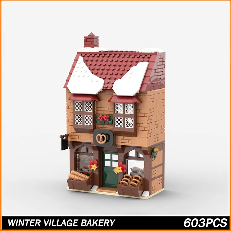 

Строительный блок MOC MOC, вид на улицу, зимняя деревня, пекарня, модель, кирпичные игрушки, частицы, креативное образование, подарки на день рождения
