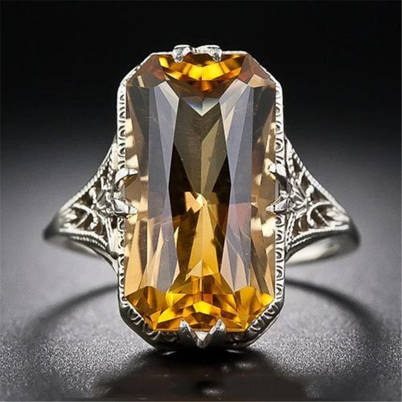 

Young Wi Best Selling Hollow Carved Yellow Crystal Ring for Women Exaggerated Silver Hand Jewelry Ele Faion Accories