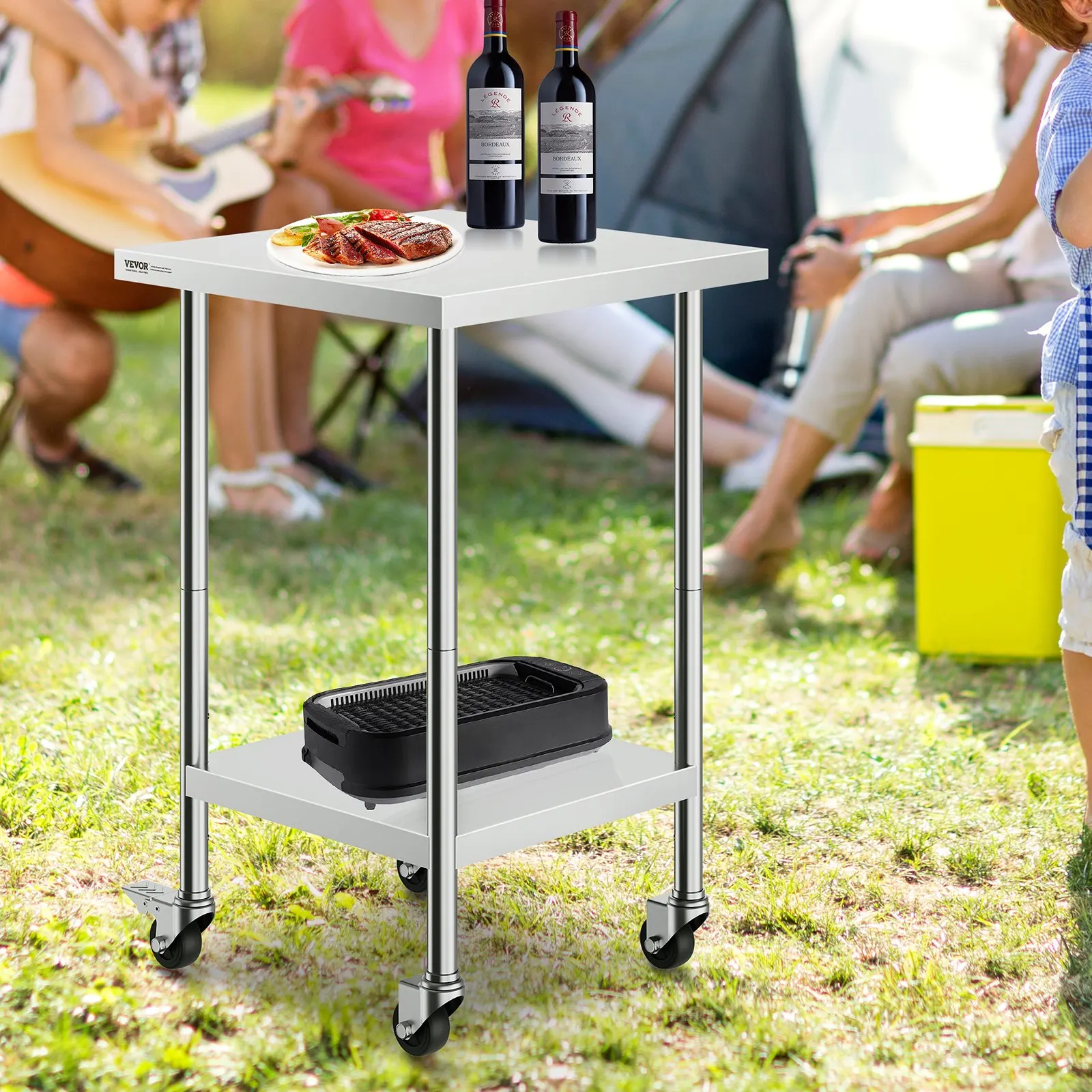 Table de travail en acier inoxydable, 61 x 61 x 96,5 cm, table de préparation pour la restauration avec 4 roulettes, 3 niveaux de hauteur réglables, table de préparation alimentaire pour cuisines commerciales et restaurants