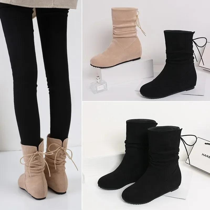 Botas de dedo do pé redondas casuais femininas, botas versáteis com cordões, botas curtas, fundo plano, monocromáticas, venda quente, nova moda, 2024