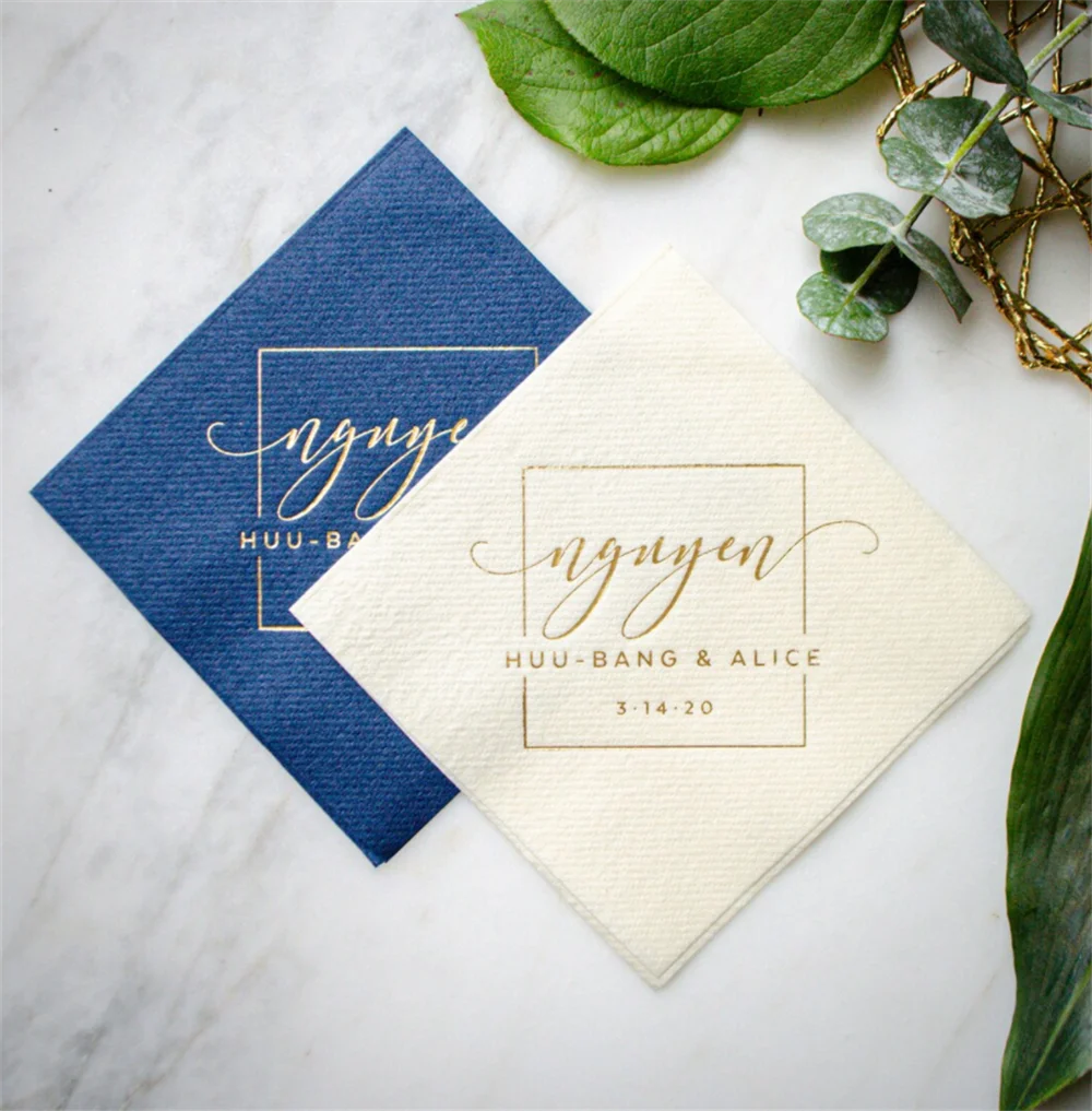 

50PCS Square Monogram Linen-Like Wedding Cocktail Napkins, Custom Monogram Linun Beverage Napkins, Gold Foil Party Napkins