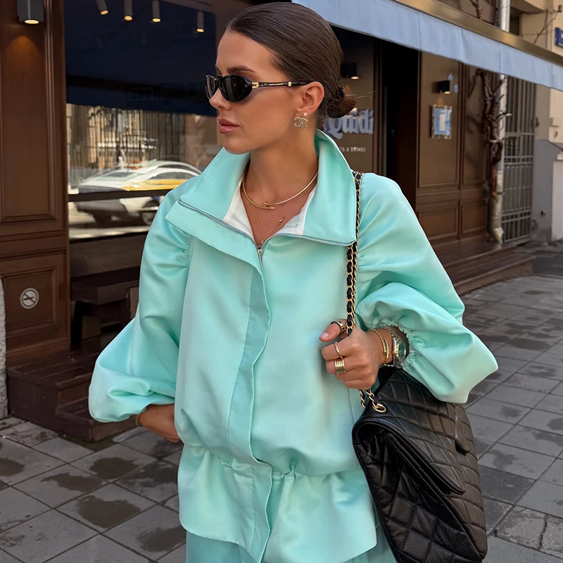 Übergroße, taillenbetonte, glänzende Oberflächenmäntel für Damen, Street-Style, Stehkragen, Laternenärmel, einfarbige, lockere Jacken, schicke Oberbekleidung – Detail 19