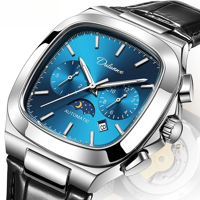 Stainless Steel Square Six-Hands Moonphase Luminous Waterproof Self-Wind Automatic Mechanical Watch for Men