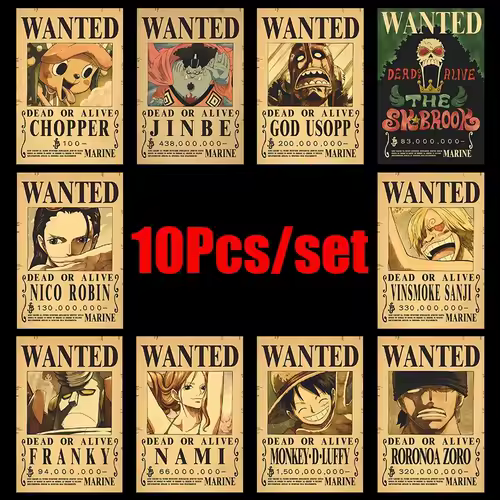 10Pcs Anime One Piece Luffy Wanted Vintage Posters Set for Room Wall Decoration Cartoons Zoro Wanted Painting Stickers Toys Gift - Image 4