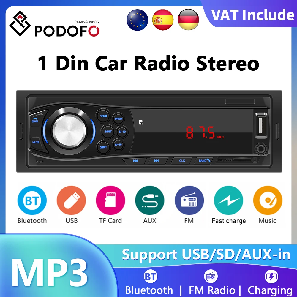 Podofo 4.1 "راديو السيارة الصوت 1 Din بلوتوث الصوت الموسيقى ستيريو MP3 مشغل راديو السيارة استقبال FM مع بطاقة AUX/USB/TF في مجموعة داش #1