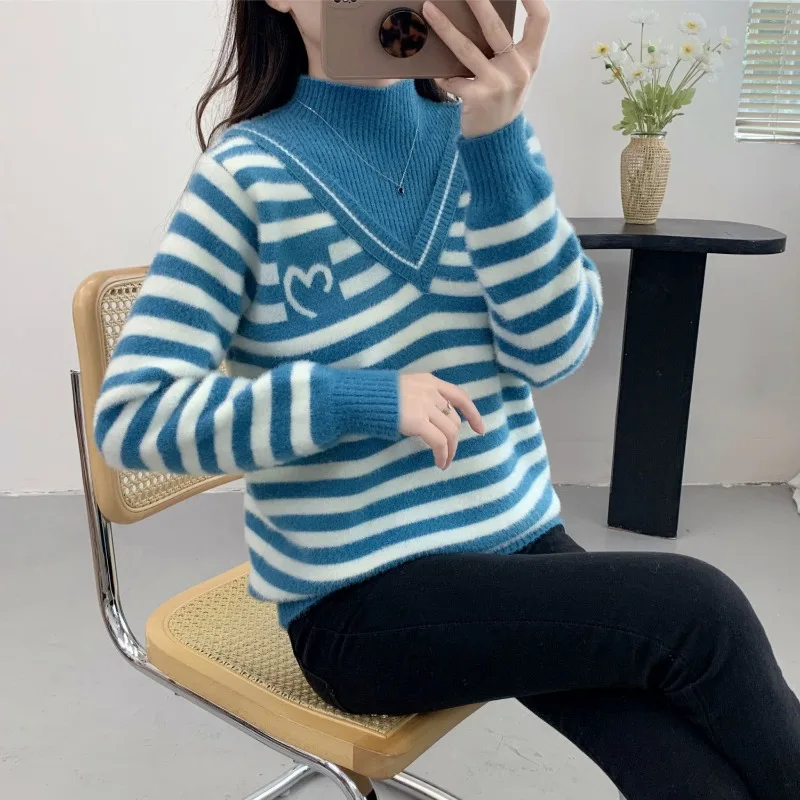 

Autumn and Winter Women's Pullover Half High Neck Stripe Contrast Printing Flocking Long Sleeve Sweater Knitted Underlay Tops