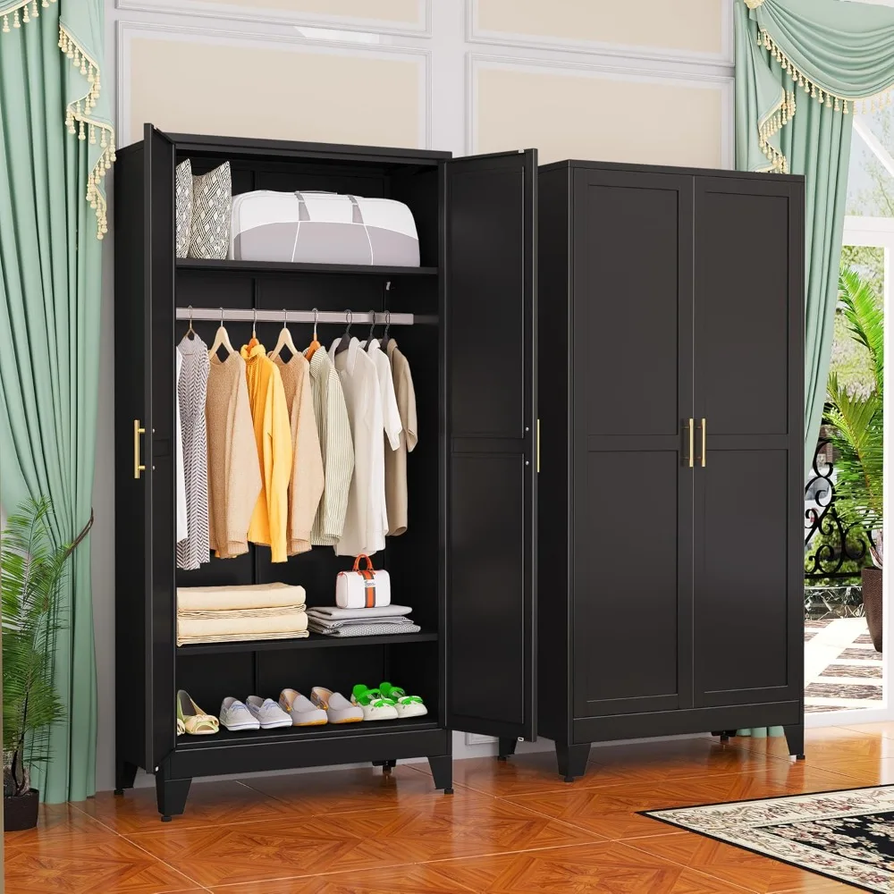 

Metal Wardrobe Cabinet with Hanging Rod, 71" Metal Clothing Storage Cabinets with 2 Doors and Adjustable Shelves, Black Armoire