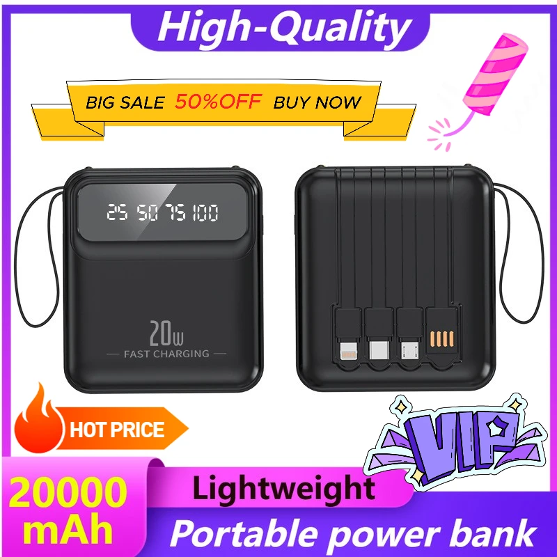 

New 20000mAh Fast-charging Power Bank with A Large Capacity Built-in Cable Small and Portable