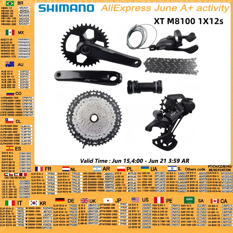 Shimano Deore XT M8100 1x12 Speed Groupset Crankset 165mm 170mm 175mm 32T 34T Przerzutki tylne SGS 118L Łańcuch BB MT801 Dla MTB