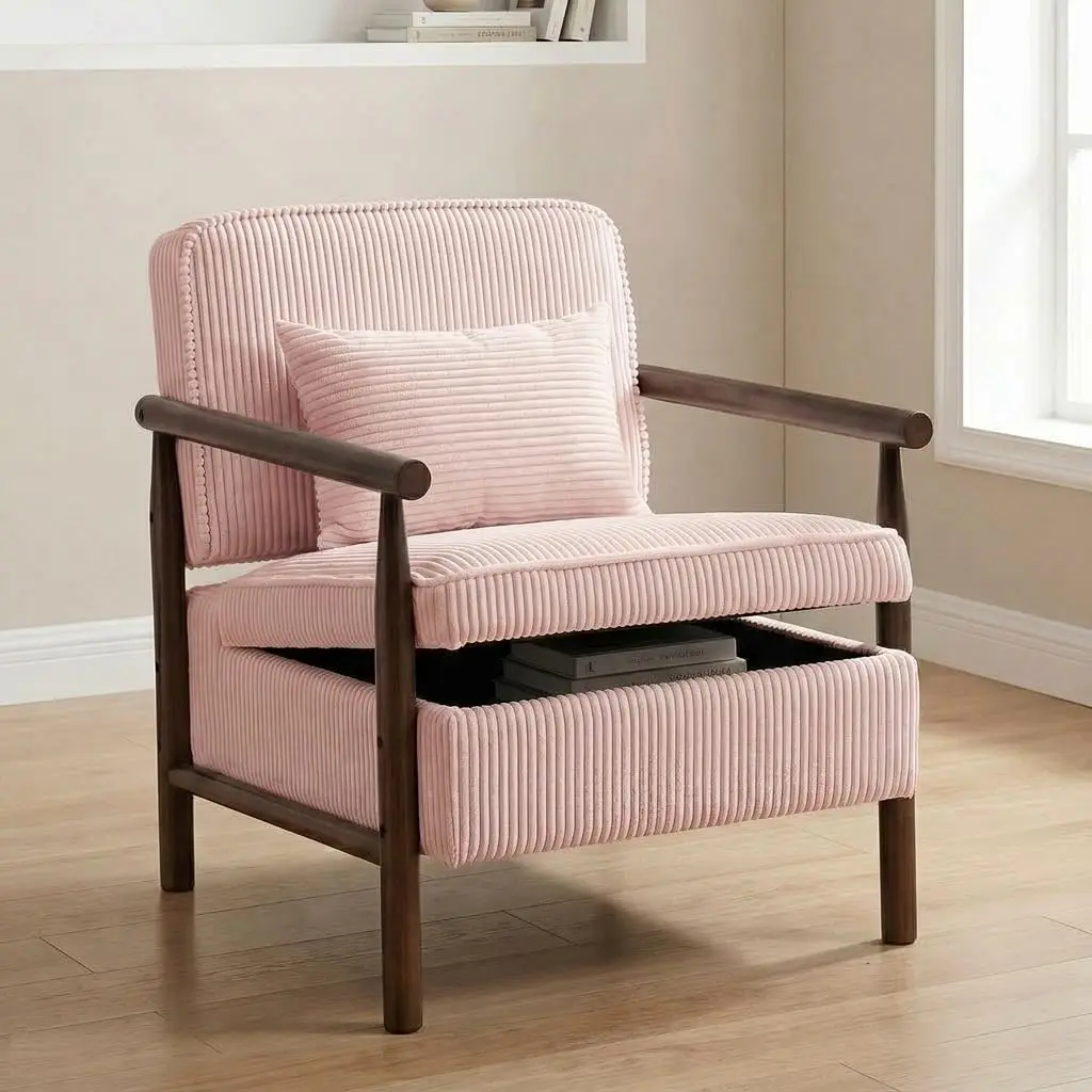 Mid-Century Upholstered Accent Chair with Storage & Lumbar Pillow, Corduroy Reading Armchair Lounge Chair for Living Room Bedroo