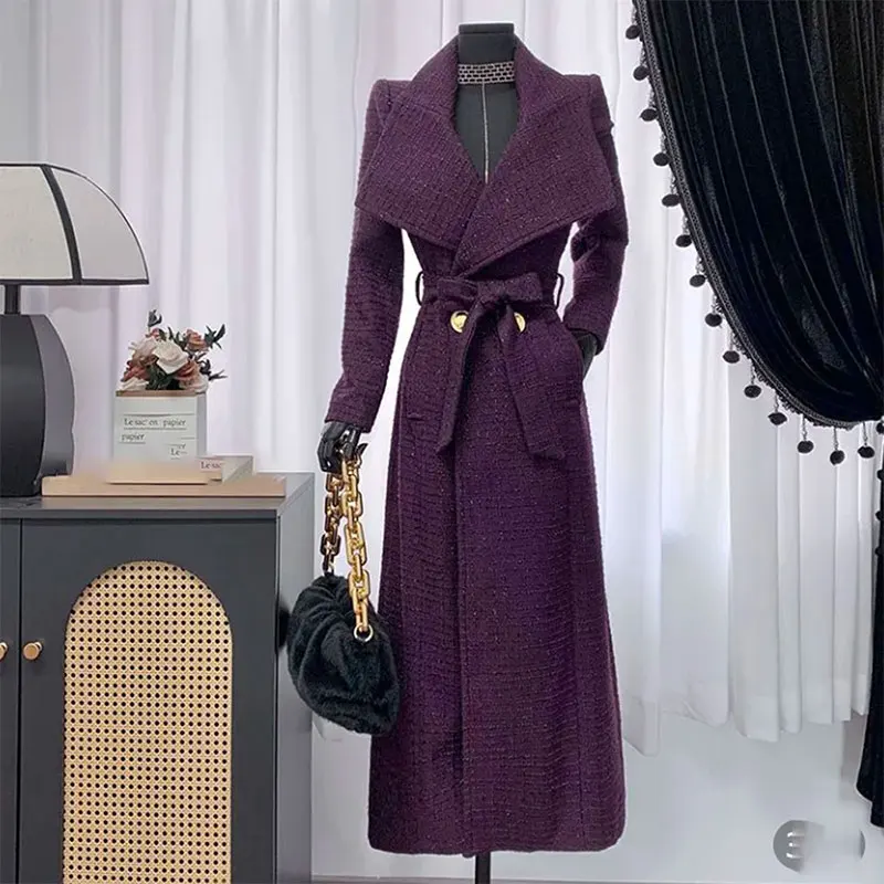 

Winter 2025 High-End Shiny Yarn Wool Coat Women Angora Red Waist-Cinching Belt Slimming Elegant Windbreaker Outerwear Female