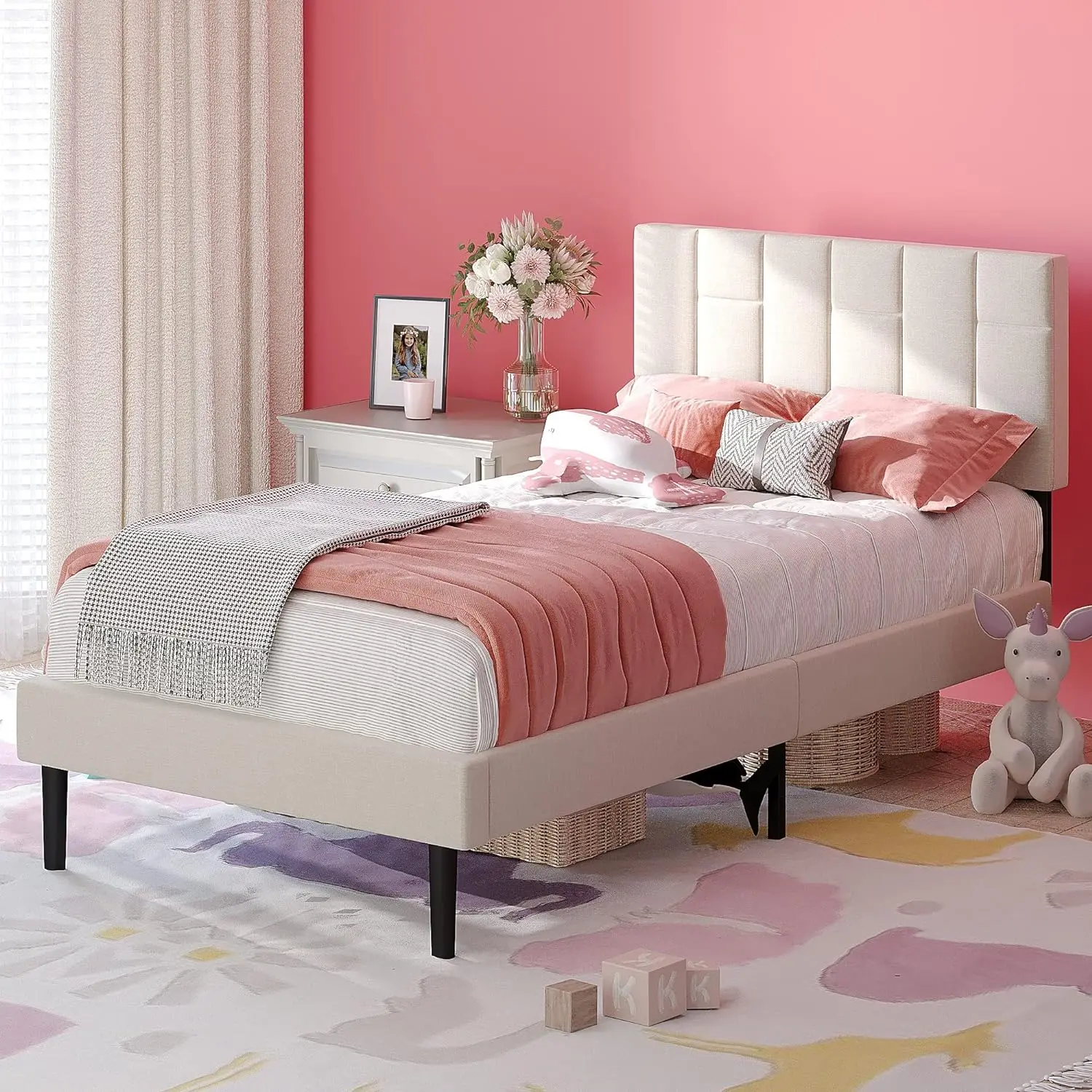 Twin Bed Frame with Headboard, Modern Upholstered Platform Bed with Headboard and Wood Slat Support, No Box Spring Required