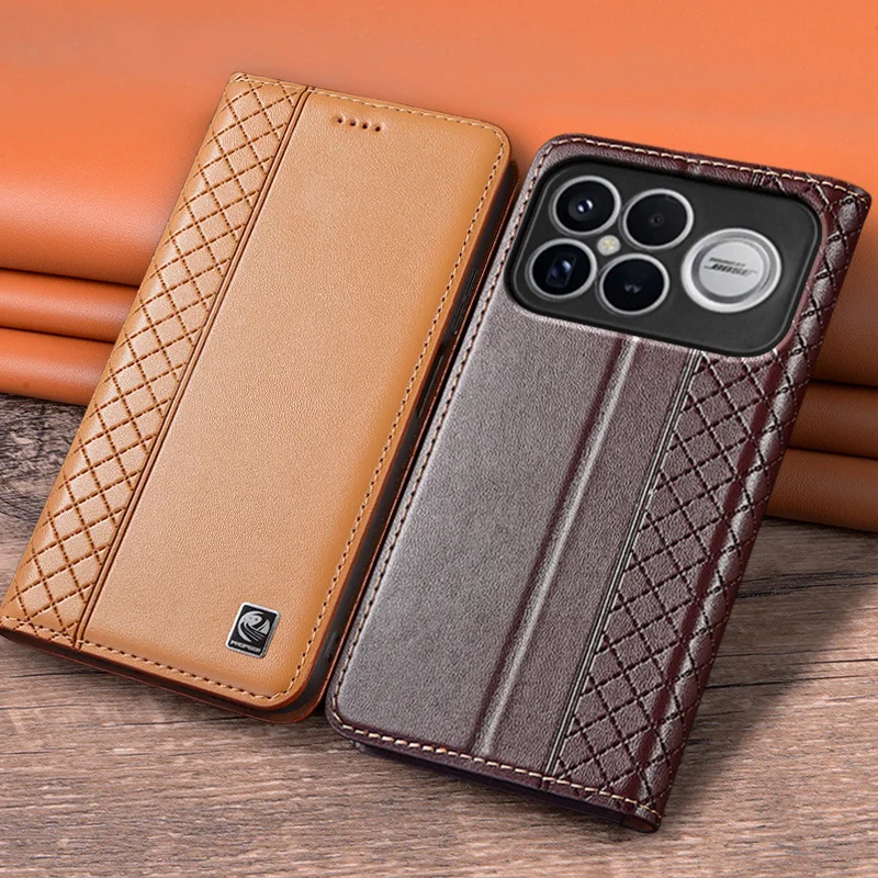 Etui z klapką do XIAOMI POCO F9 Pro Ultra F9Ultra 5G, oryginalne skórzane etui magnetyczne z wzorem siatki, kieszenią na karty i funkcją portfela.