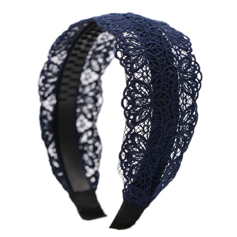

2Pcs Handmade Lace Hairband Wide Non Slip Headband Lightweight Hair Accessories Women Black Navy Hairband