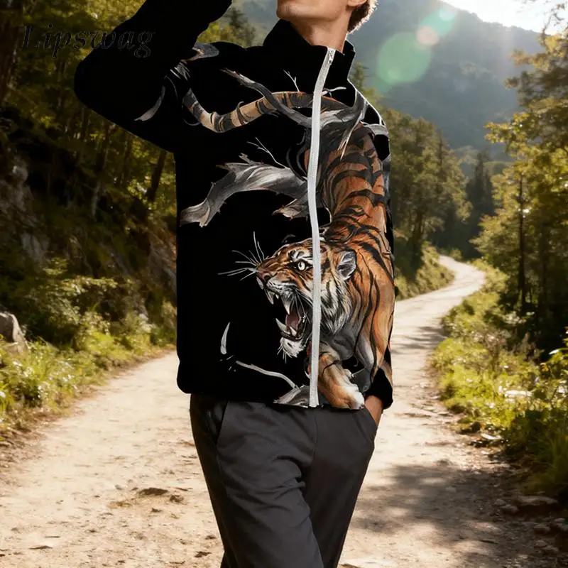 

Fashionable Tiger Printing Down Jacket Men Fall Winter Warm Casual Zip-up Stand Collar Coats Mens Vintage Outerwear
