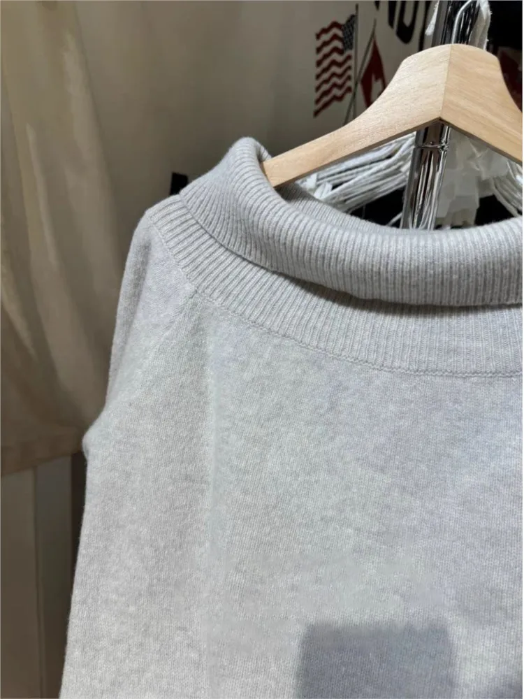 Maglione lavorato a maglia sottile con scollo a barchetta grigio semplice da donna Maglioni casual in cotone a maniche lunghe Maglioni stile dolce preppy vintage Y2K