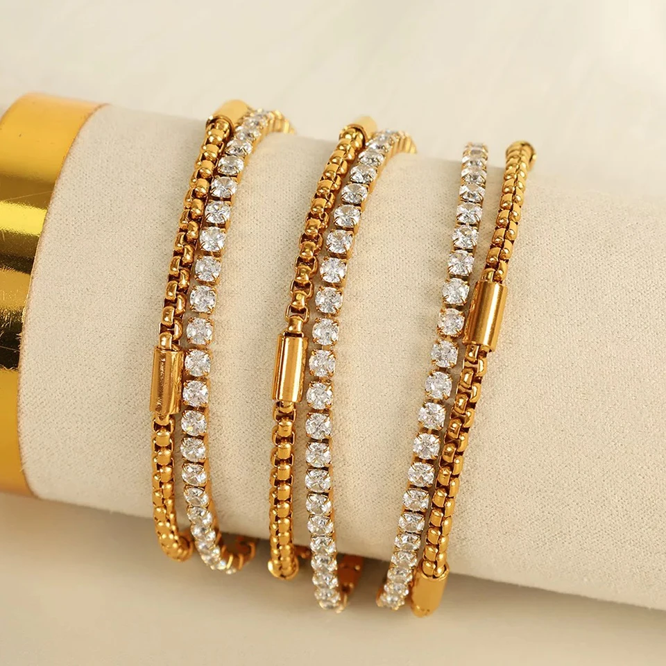 Yupsk 316L Stainless Steel Double Chain Bracelet Shiny Zircon Vintage Gold Color Charm Bracelets Women Party Jewelry Gift