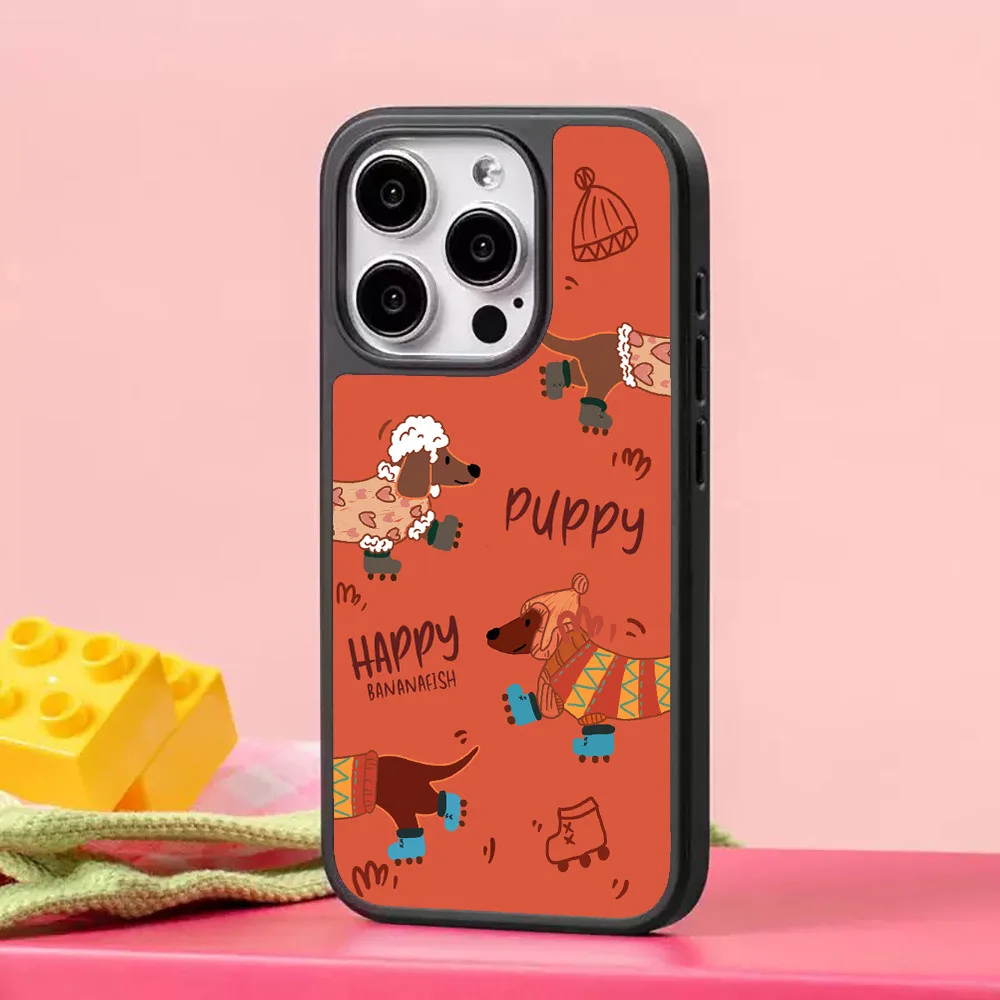 Korean Ins Cute Orange Sausage Dog Black Border Chic Case for IPhone 16 15 14 13 Pro Max Back Phone Cover for 12 Pro Max Capa