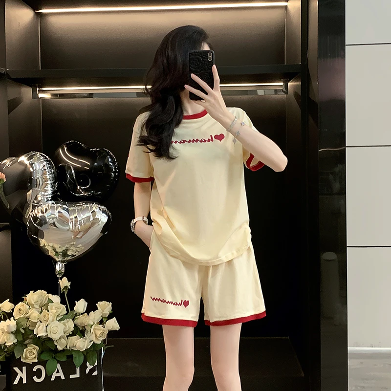 

Embroidered ort Sve orts Fitn Running Casual Sports Set Women's Two-Piece Suit Cotton round Ne Overhead Summer