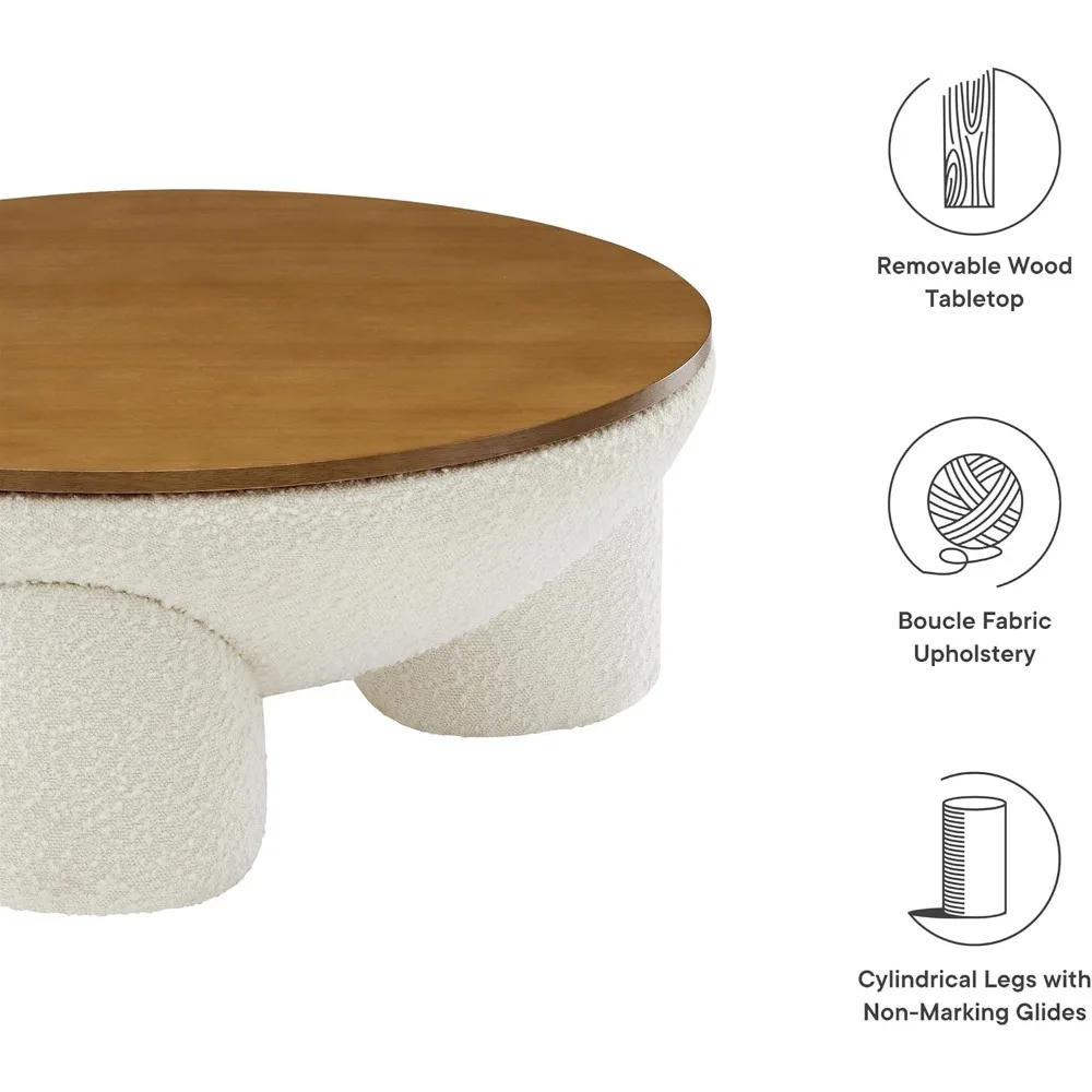大きな丸い布張りのブークレ生地のコーヒーテーブル、収納付き、ナチュラルアイボリー - 31インチの木製アクセントテーブル