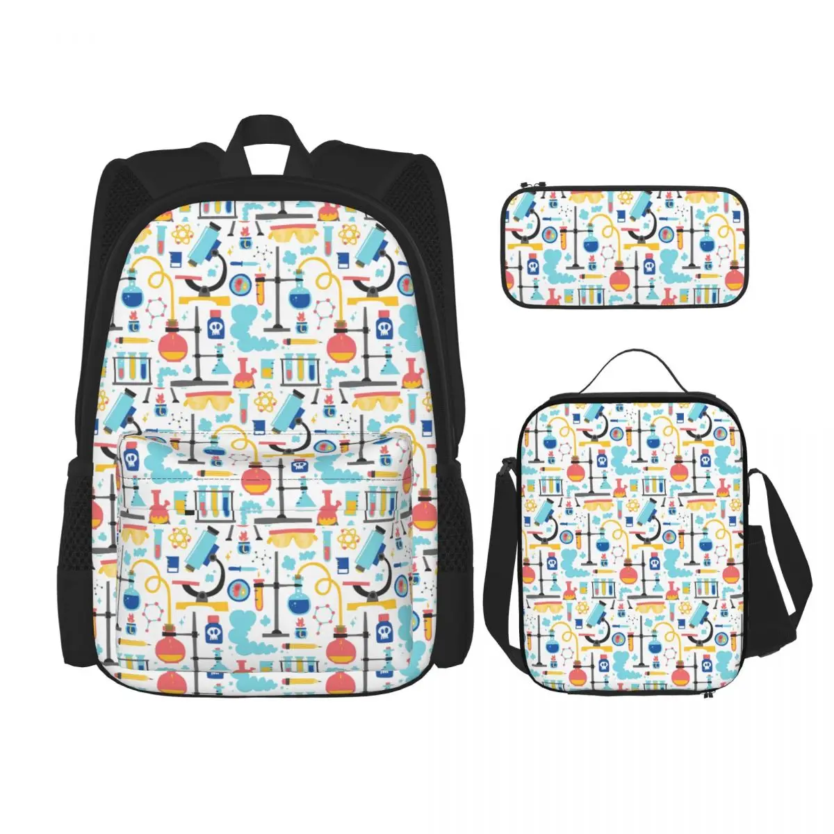 

Chemistry Lab Science Equipment Pattern Backpacks Boys Girls Bookbag School Bags Rucksack Lunch Bag Pen Bag Three-Piece Set