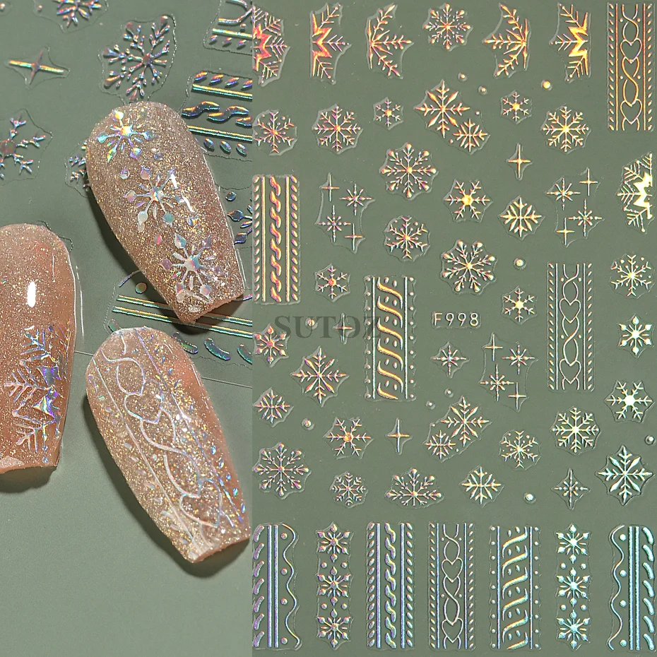 Christmas Glitter Nail Art Stickers 3D Self-Adhesive Color Laser Snowflake Striped Decals Xmas Winter Holiday Nail Supplies F998