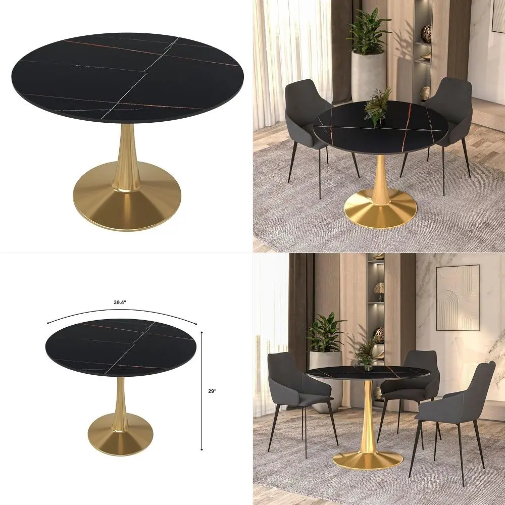 

Bristol 40 Round Dining Table in Black Modern Sintered Stone Tabletop with Gold Pedestal Base, MidCentury Accent Table for Kitc