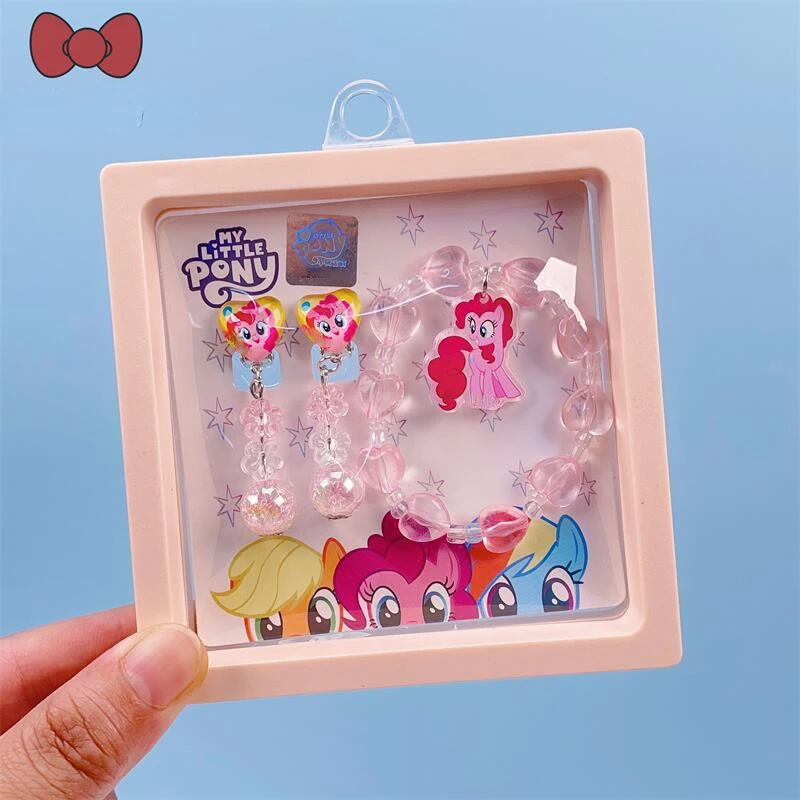 My Little Pony Anime Peripheral Cute Twilight Sparkle Pinkie Pie Rainbow Dash Acrylic Bracelet Ear Clip Set Jewelry Girl Gift