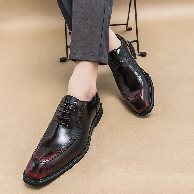 

Men Popular Fashion Formal Shoes with Black and Red Lace Up Business Office Gentleman Block Shoe Wedding Banquet Socia Men Shoes